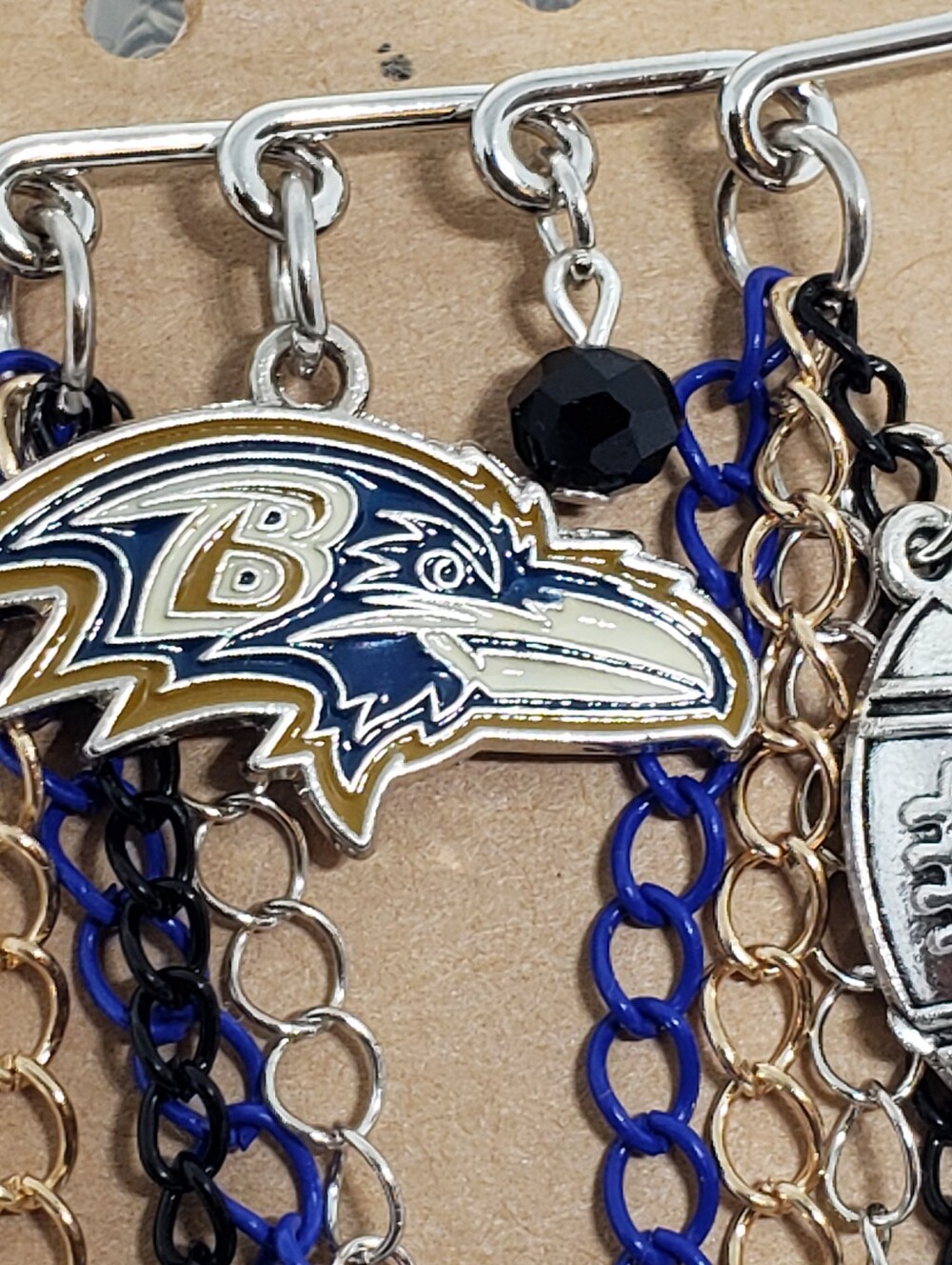 Handmade Baltimore Ravens Football Charm Safety Pin Brooch - Picture 3 of 4